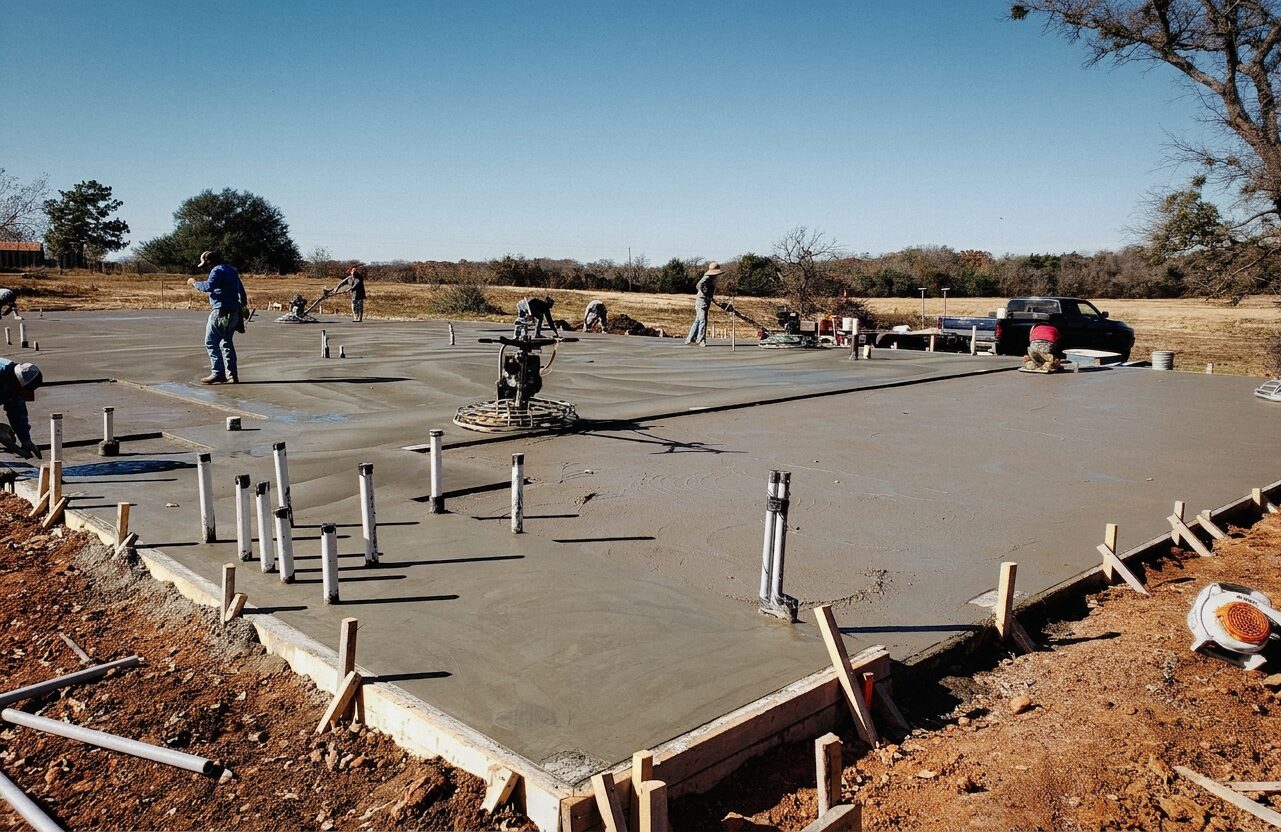 The Foundation Doctor crew finishing a concrete slab in Central Texas